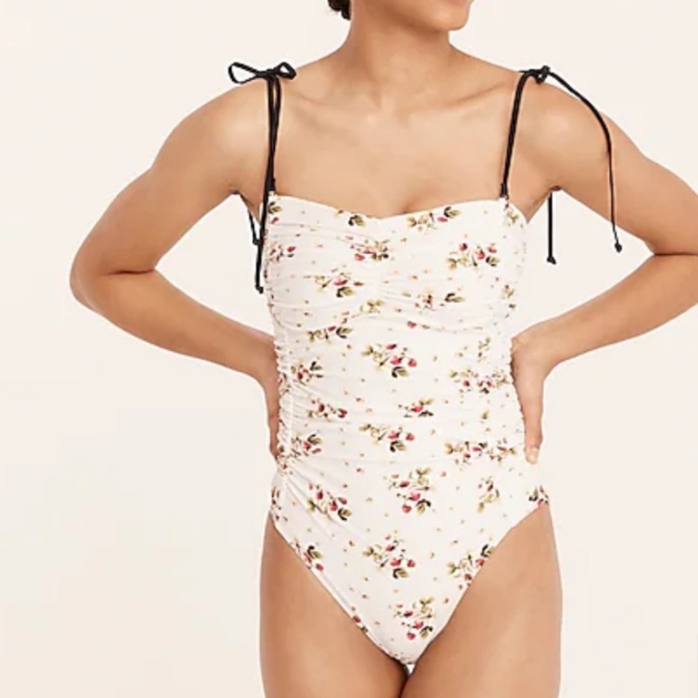 J.Crew Long Torso Ruched Tie-Shoulder One-Piece in Strawberry Floral Size 22